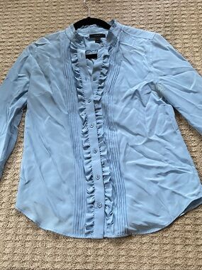 Sky Blue Ruffle Pintuck Button-Up Blouse